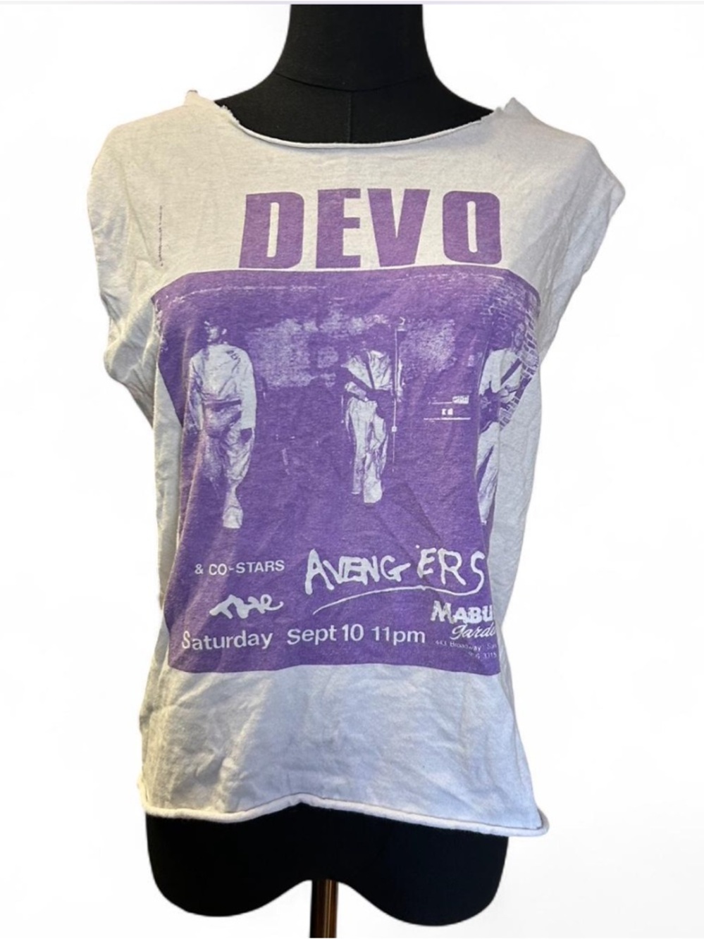 DEVO Graphic Band Tee in White with Purple Print